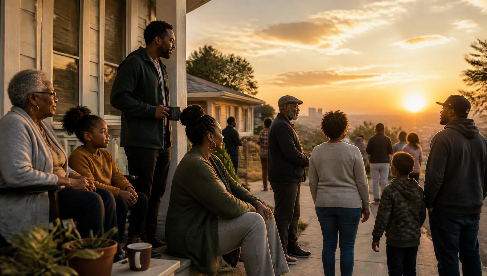 Neighbors and a multigenerational Black family gathered on a porch at sunrise, looking toward the horizon