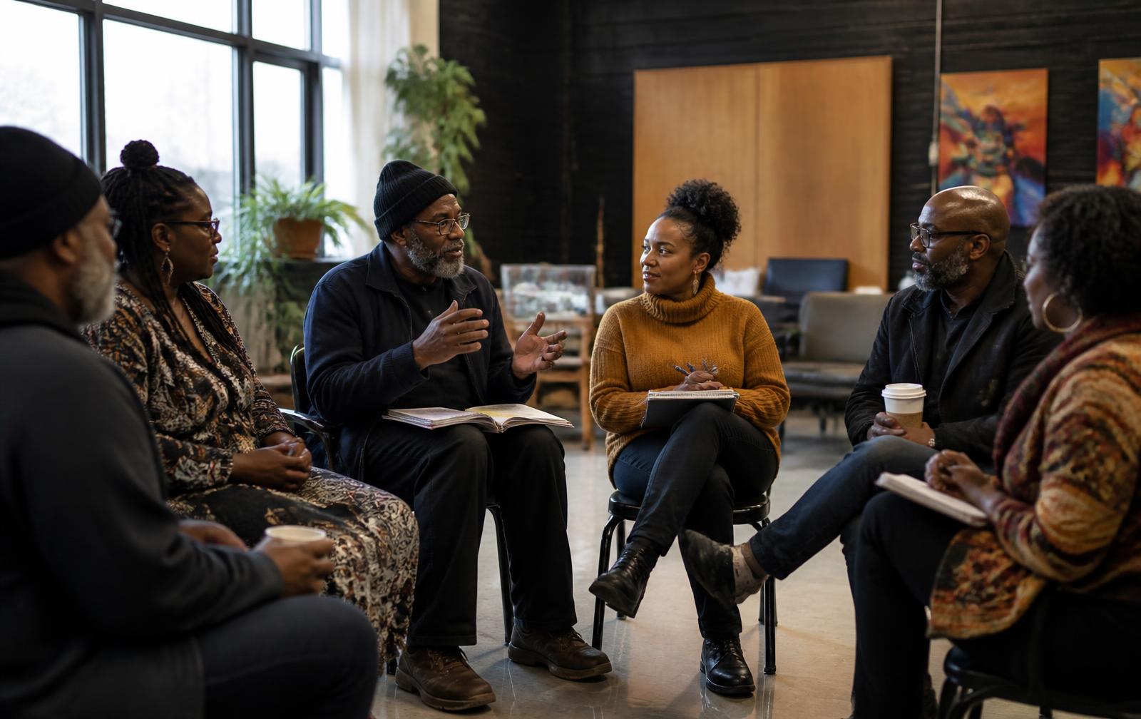 Black organizers seated in a circle in a community room, talking and taking notes