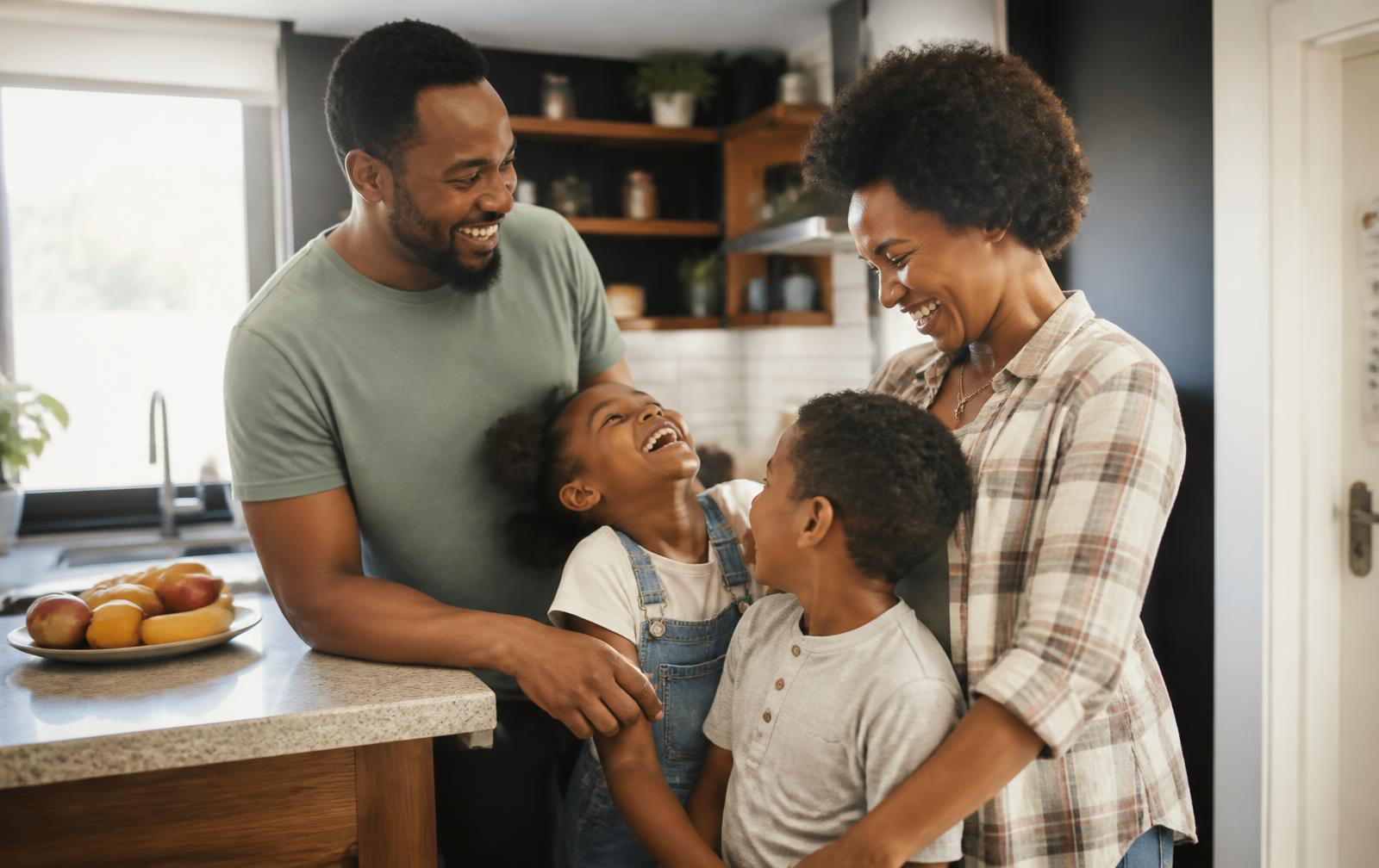 A Black family laughing together in a sunlit kitchen at home